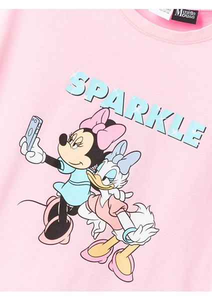 Bisiklet Yaka Minnie Mouse Baskılı Kısa Kollu Kız Çocuk Şortlu Pijama Takımı