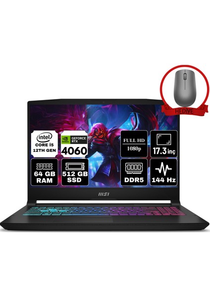 Msı Katana 17 B12VFK-1031XTR-A6 I5-12450H 64GB Ddr5 512GB SSD 8gb RTX4060 17.3" Fhd 144Hz Freedos Gaming (Oyuncu) Notebook & Anzar Mouse