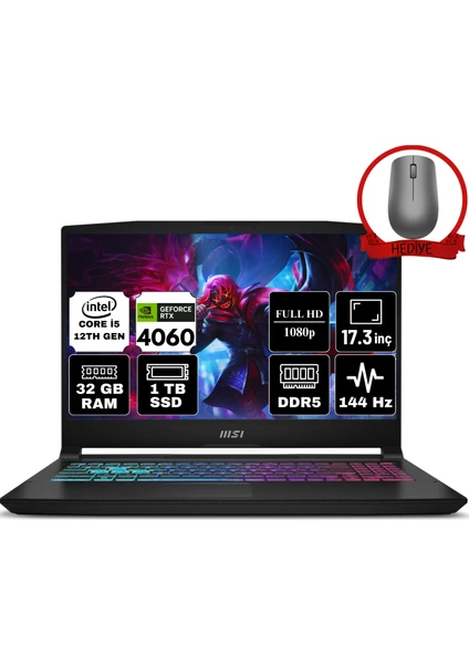 Msı Katana 17 B12VFK-1031XTR-A4 I5-12450H 32GB Ddr5 1tb SSD 8gb RTX4060 17.3" Fhd 144Hz Freedos Gaming (Oyuncu) Notebook & Anzar Mouse