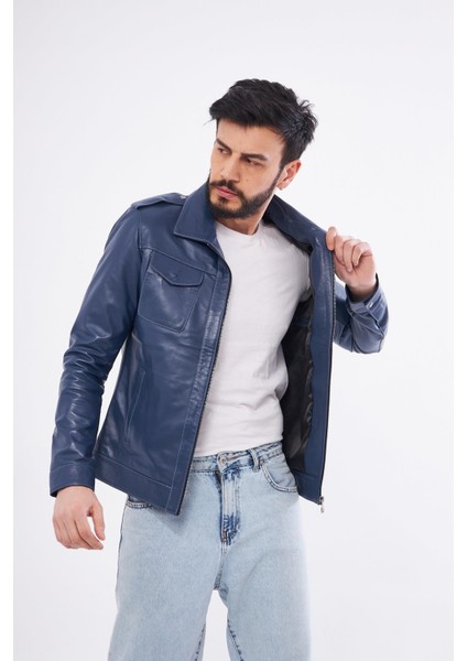 DER276 Hakiki Deri Erkek Mavi Mont modelleri