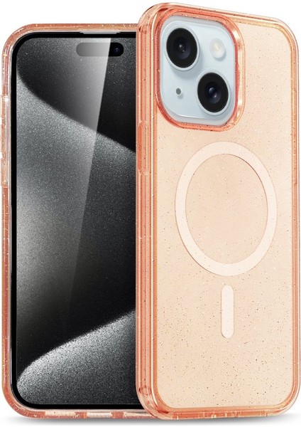 Apple iPhone 15 Plus Kılıf Magsafe Şarj Özellikli Parlayan Simli Saydam Renkli Glow Kapak