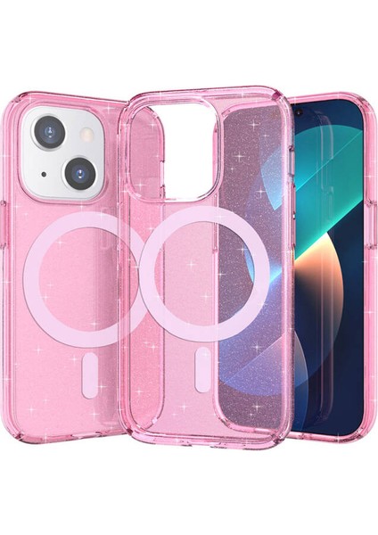 Apple iPhone 15 Plus Kılıf Magsafe Şarj Özellikli Parlayan Simli Saydam Renkli Glow Kapak