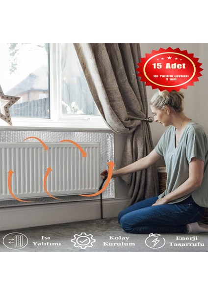 15 Adet Kalorifer Peteği Arkası Isı Yalıtım ve Izolasyon Levhası Radyatör Arkalığı Yalıtım Malzemesi