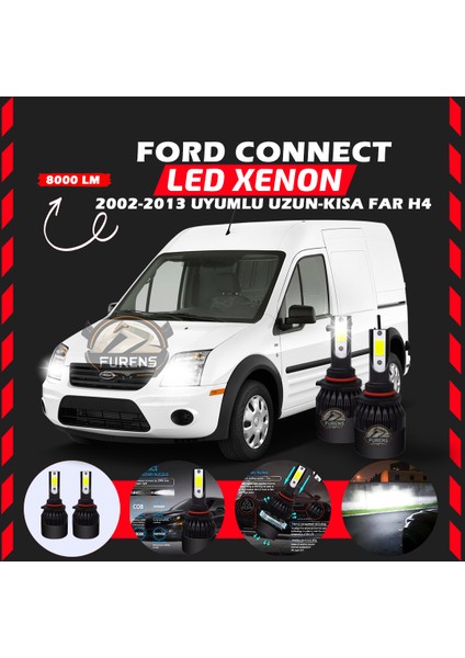 Ford Connect 2002-2013 Uzun - Kısa Far Uyumlu Şimşek Etkili LED Xenon Light Series H4