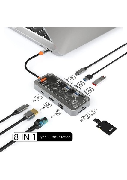 MT55 Mac ile Uyumlu Thunderbolt 3 Type-C USB Adaptör Hub 8in1 4K HDMI RJ45 100MBPS Sd Kart Okuyucu 100W Pd Telefon Hızlı Şarj Aleti