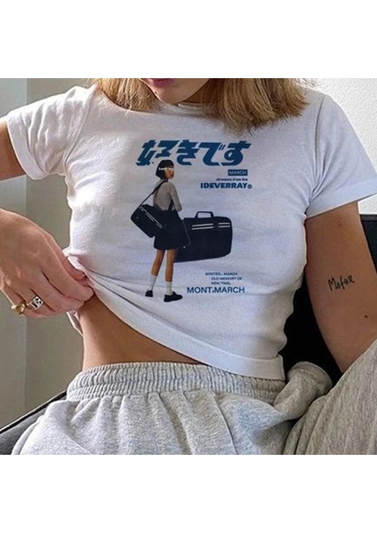 Harajuku Anime Baskılı Beyaz Crop Tshirt S