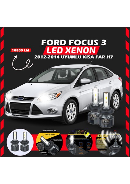 Ford Focus 3 2012-2014 Kısa Far Uyumlu Şimşek Etkili LED Xenon Premium Series H7
