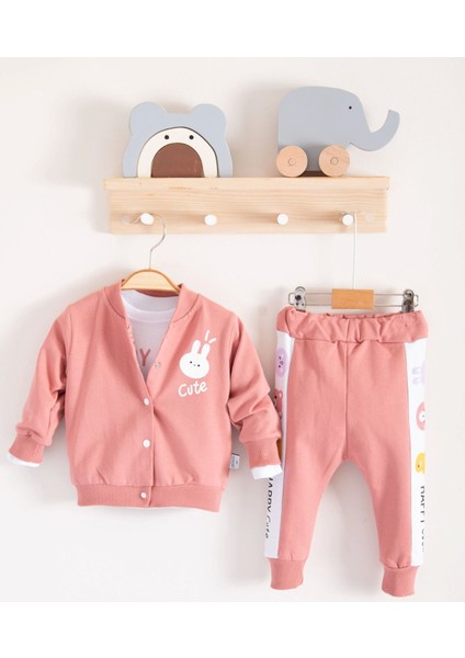 3-6-9-12-18 Ay Kız Bebek Takımı Cute Funny Desenli Kapişonlu Pamuklu 3'lü Gül Kurusu