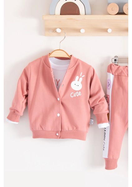 3-6-9-12-18 Ay Kız Bebek Takımı Cute Funny Desenli Kapişonlu Pamuklu 3'lü Gül Kurusu fiyatları