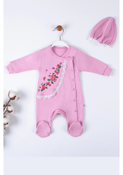 3-6-9 Ay Kız Bebek Tulumu Çiçek Nakışlı Şapkalı %100 Pamuk Pembe