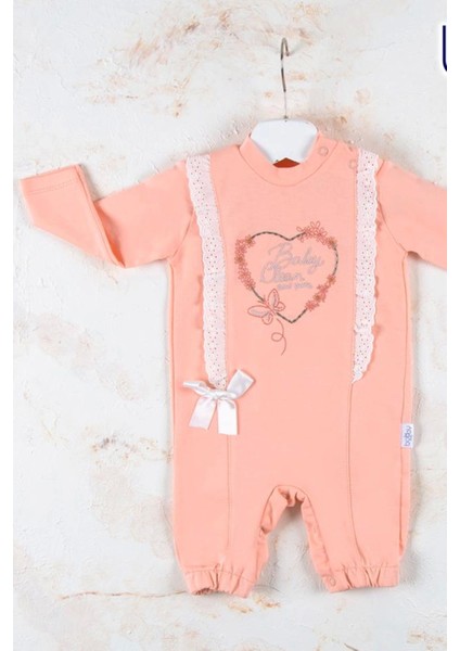 3-6-9-12 Ay Kız Bebek Tulumu Love Kalp Nakışlı %100 Pamuk Somon