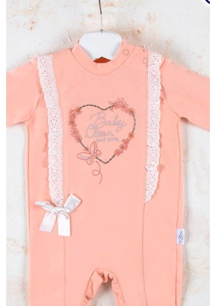 3-6-9-12 Ay Kız Bebek Tulumu Love Kalp Nakışlı %100 Pamuk Somon