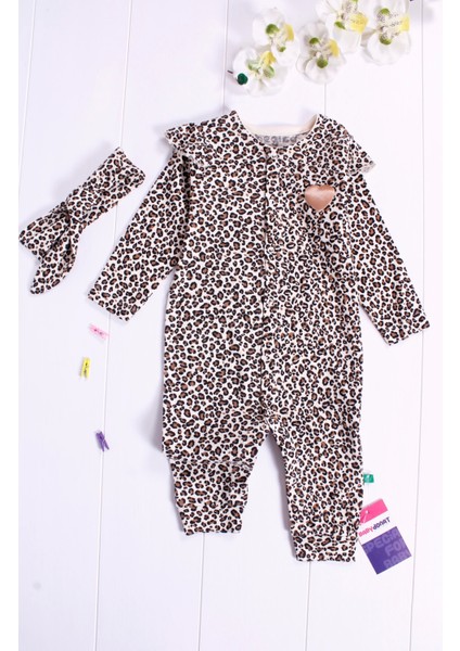 3-6-9-12 Ay Kız Bebek Tulumu Leopar Desenli Saç Bandanalı Kahverengi