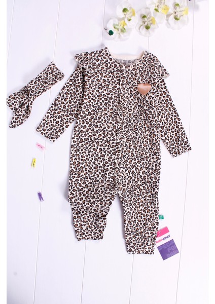 3-6-9-12 Ay Kız Bebek Tulumu Leopar Desenli Saç Bandanalı Kahverengi