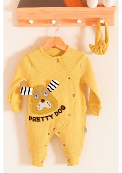 3-6-9-12-18 Ay Kız Bebek Tulumu Pretty Dog Nakışlı Bandanalı %100 Pamuk Sarı
