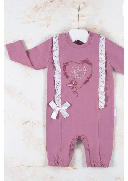 3-6-9-12 Ay Kız Bebek Tulumu Love Kalp Nakışlı %100 Pamuk Mor