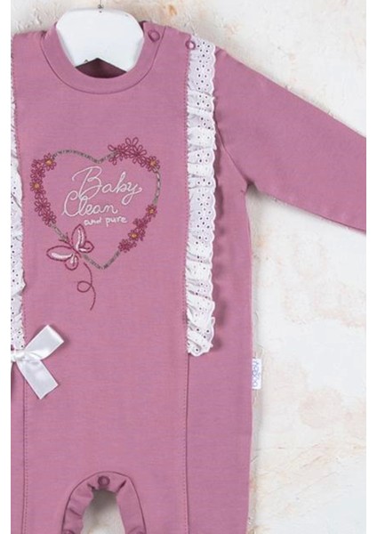 3-6-9-12 Ay Kız Bebek Tulumu Love Kalp Nakışlı %100 Pamuk Mor