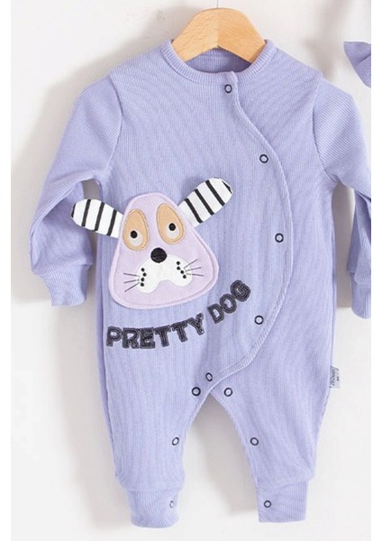 3-6-9-12-18 Ay Kız Bebek Tulumu Pretty Dog Nakışlı Bandanalı %100 Pamuk Lila