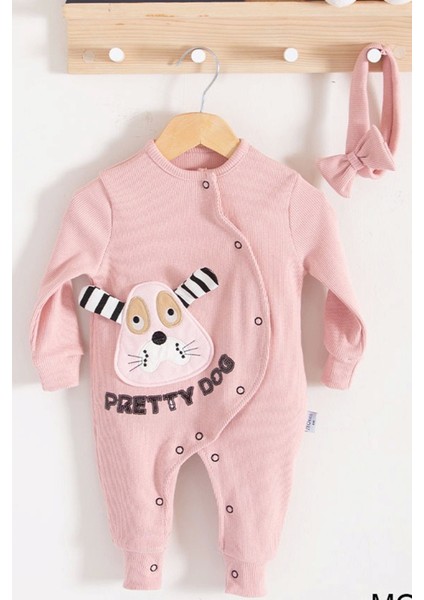 3-6-9-12-18 Ay Kız Bebek Tulumu Pretty Dog Nakışlı Bandanalı %100 Pamuk Gül Kurusu