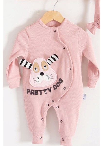 3-6-9-12-18 Ay Kız Bebek Tulumu Pretty Dog Nakışlı Bandanalı %100 Pamuk Gül Kurusu