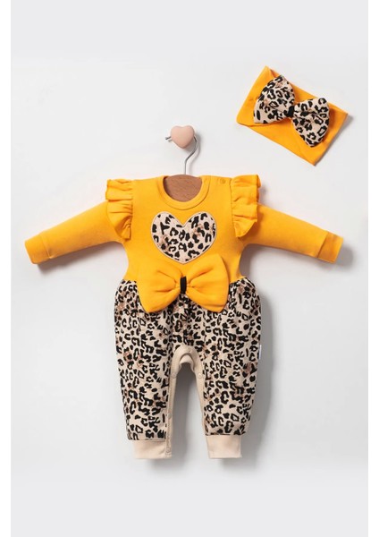 3-6-9 Ay Kız Bebek Tulum Leopar Desenli Fiyonklu %100 Pamuk Sarı