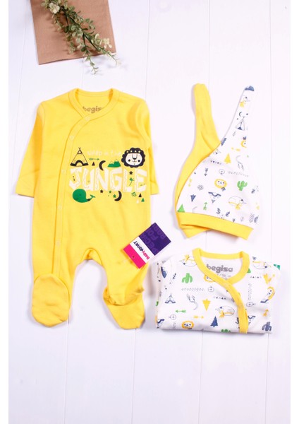 3-6 Ay Jungle Desenli Erkek Bebek 4'lü Tulum Seti Sarı