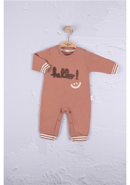 3-6-9-12 Ay Erkek Bebek Tulum Hello Nakışlı %100 Pamuk Kahverengi