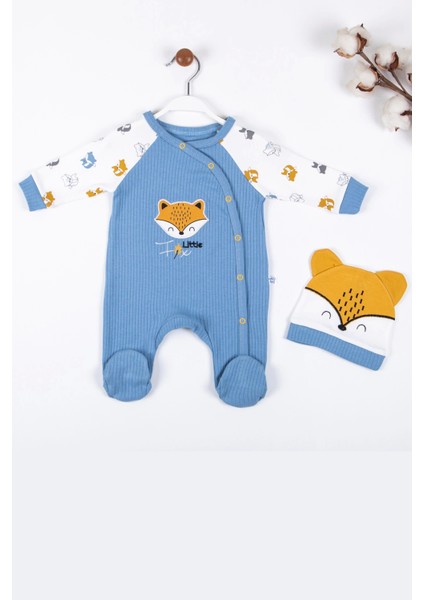3-6-9 Ay Erkek Bebek Tulumu Little Fox Desenli %100 Pamuk Mavi