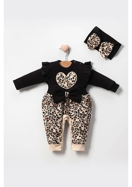3-6-9 Ay Kız Bebek Tulum Leopar Desenli Fiyonklu %100 Pamuk Siyah
