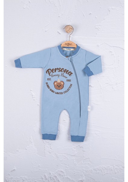 3-6-9-12 Ay Erkek Bebek Tulum Persona Bear Nakışlı %100 Pamuk Mavi