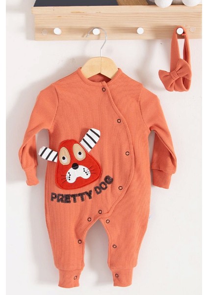 3-6-9-12-18 Ay Kız Bebek Tulumu Pretty Dog Nakışlı Bandanalı %100 Pamuk Kiremit