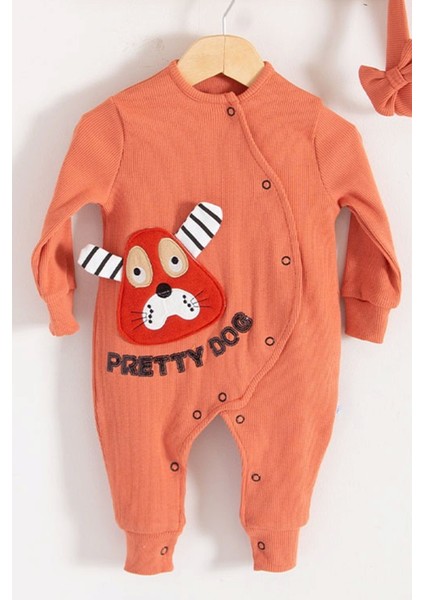 3-6-9-12-18 Ay Kız Bebek Tulumu Pretty Dog Nakışlı Bandanalı %100 Pamuk Kiremit
