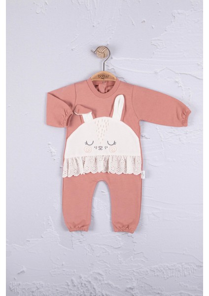 3-6-9-12 Ay Kız Bebek Tulum Tavşan Nakışlı Güpürlü %100 Pamuk Pembe