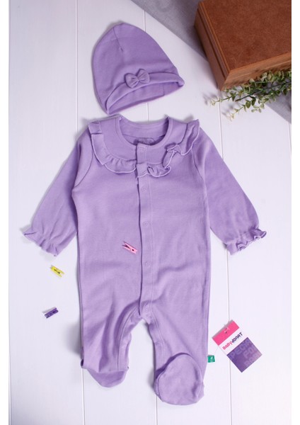 3-6-9 Ay Kız Bebek Tulum Robası Astarlı Fiyonk Şapkalı Lila
