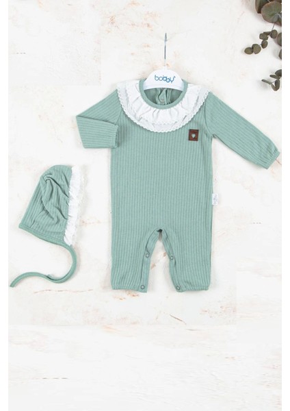 3-6-9-12 Ay Kız Bebek Tulumu Brode Nakışlı Şapkalı %100 Pamuk Yeşil