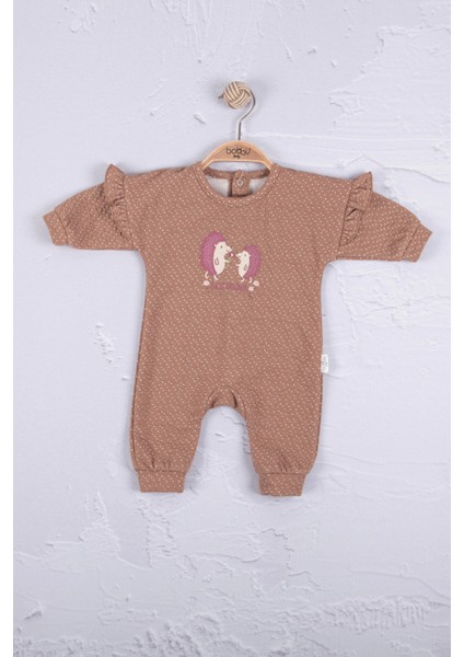 3-6-9-12 Ay Kız Bebek Tulum Kirpi Nakışlı %100 Pamuk Kahverengi