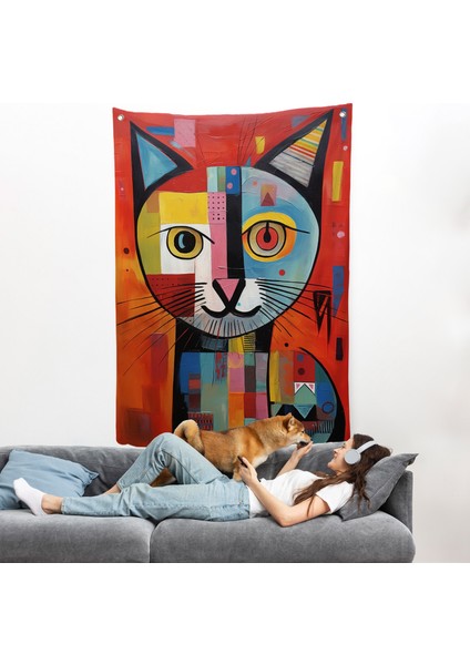 Pablo Picasso Tarzı - Soyut Renkli Kedi Duvar ÖRTÜSÜ-7372