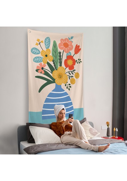 Minimalist Çiçek Mavi Vazoda Renkli Buket Duvar ÖRTÜSÜ-7664