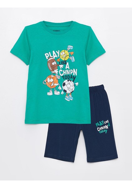 Bisiklet Yaka Baskılı Kısa Kollu Erkek Çocuk Şortlu Pijama Takımı