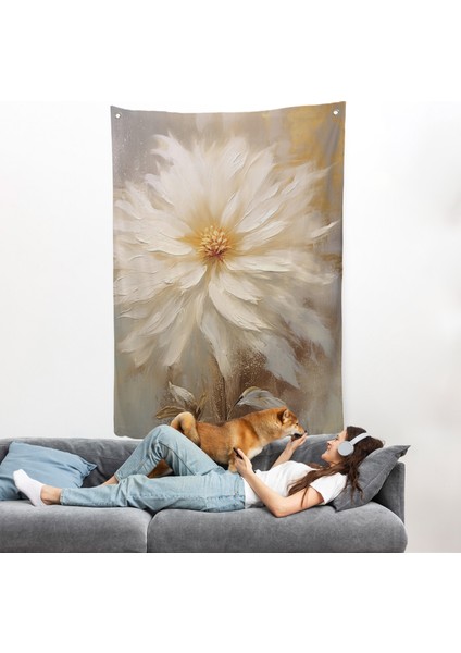 Yağlıboya Görünümlü Beyaz Çiçek Duvar ÖRTÜSÜ-7559