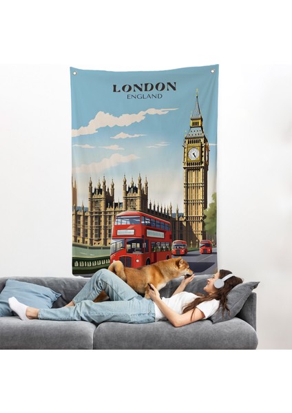 Londra Şehir Manzarası ve Kırmızı Otobüs Duvar ÖRTÜSÜ-7712