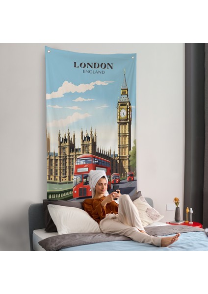 Londra Şehir Manzarası ve Kırmızı Otobüs Duvar ÖRTÜSÜ-7712 fiyatları