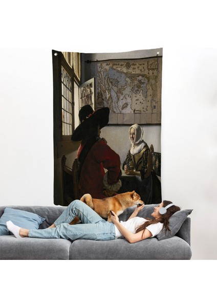 Johannes Vermeer - Memur ve Gülen Kız Duvar Örtüsü - Officer And Laughing GIRL-7366