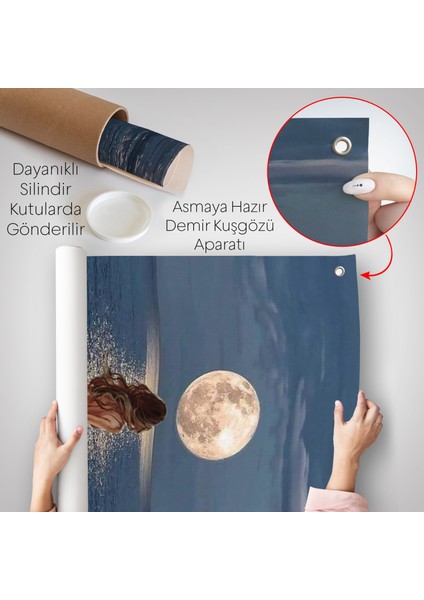Deniz Üstünde Aya Doğru Yürüyen Soyut Kadın Duvar ÖRTÜSÜ-7684