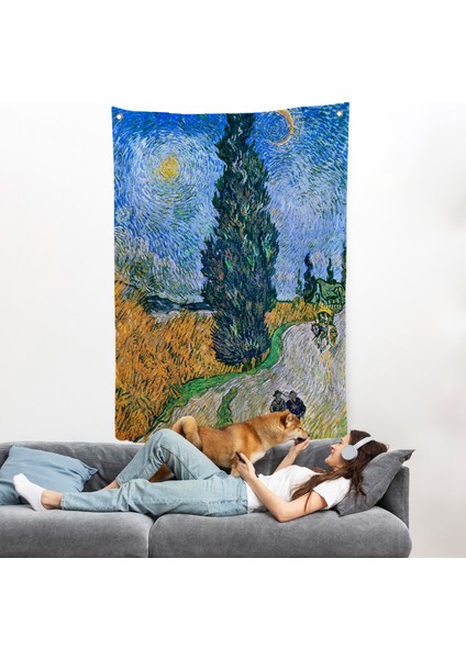 Vincent Van Gogh - Selvili ve Yıldızlı Yol Duvar Örtüsü - Road With Cypress And STAR-7443