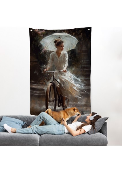 Şemsiye Ile Bisiklet Süren Güzel Kadın Duvar ÖRTÜSÜ-7860