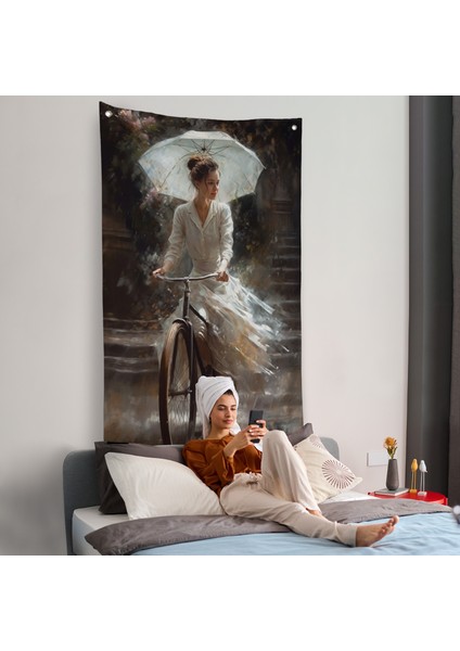 Şemsiye Ile Bisiklet Süren Güzel Kadın Duvar ÖRTÜSÜ-7860 fiyatları