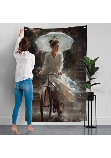 Şemsiye Ile Bisiklet Süren Güzel Kadın Duvar ÖRTÜSÜ-7860 modelleri