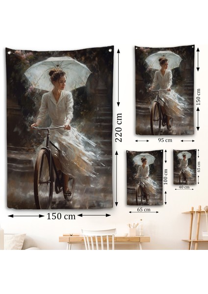 Şemsiye Ile Bisiklet Süren Güzel Kadın Duvar ÖRTÜSÜ-7860 fırsatları