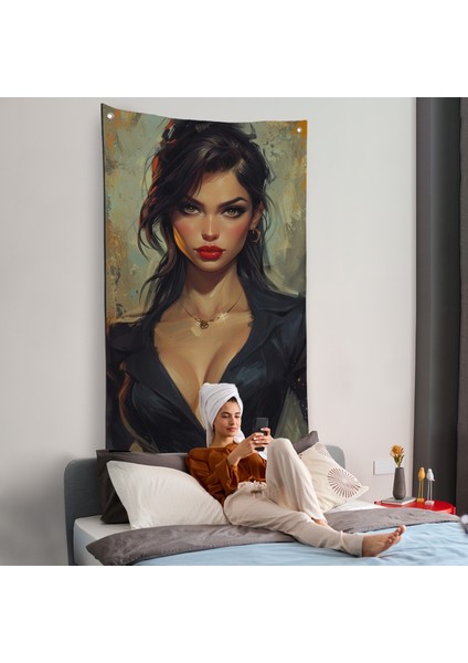 Yağlıboya Görünümlü Esmer Güzel Kadın Duvar ÖRTÜSÜ-7741